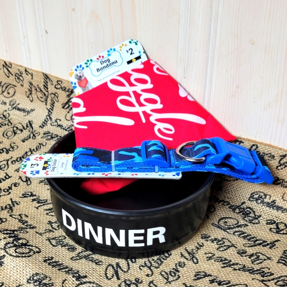 Dog lot of 3 accessories large ceramic dinner bowl red bandana collar